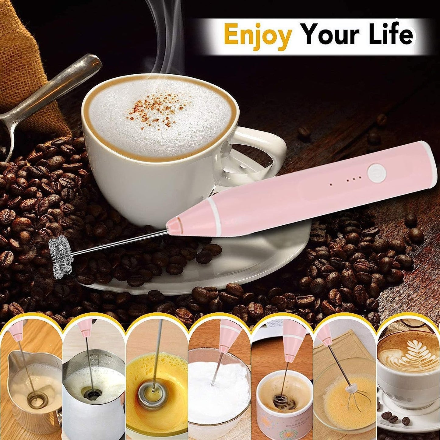 Milk Frother Handheld USB Rechargeable Foam Maker with 2 Stainless Steel Whisks – 3-Speed Electric Blender for Coffee & Lattes