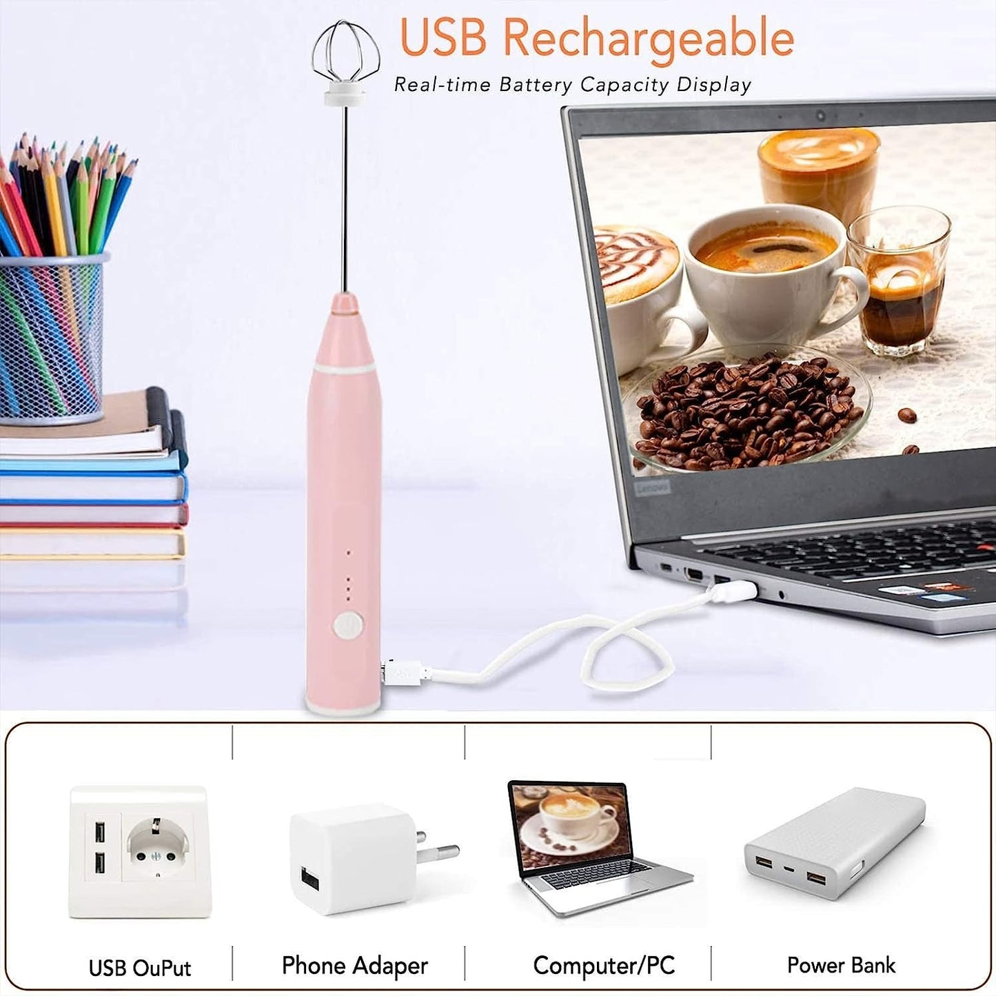 Milk Frother Handheld USB Rechargeable Foam Maker with 2 Stainless Steel Whisks – 3-Speed Electric Blender for Coffee & Lattes