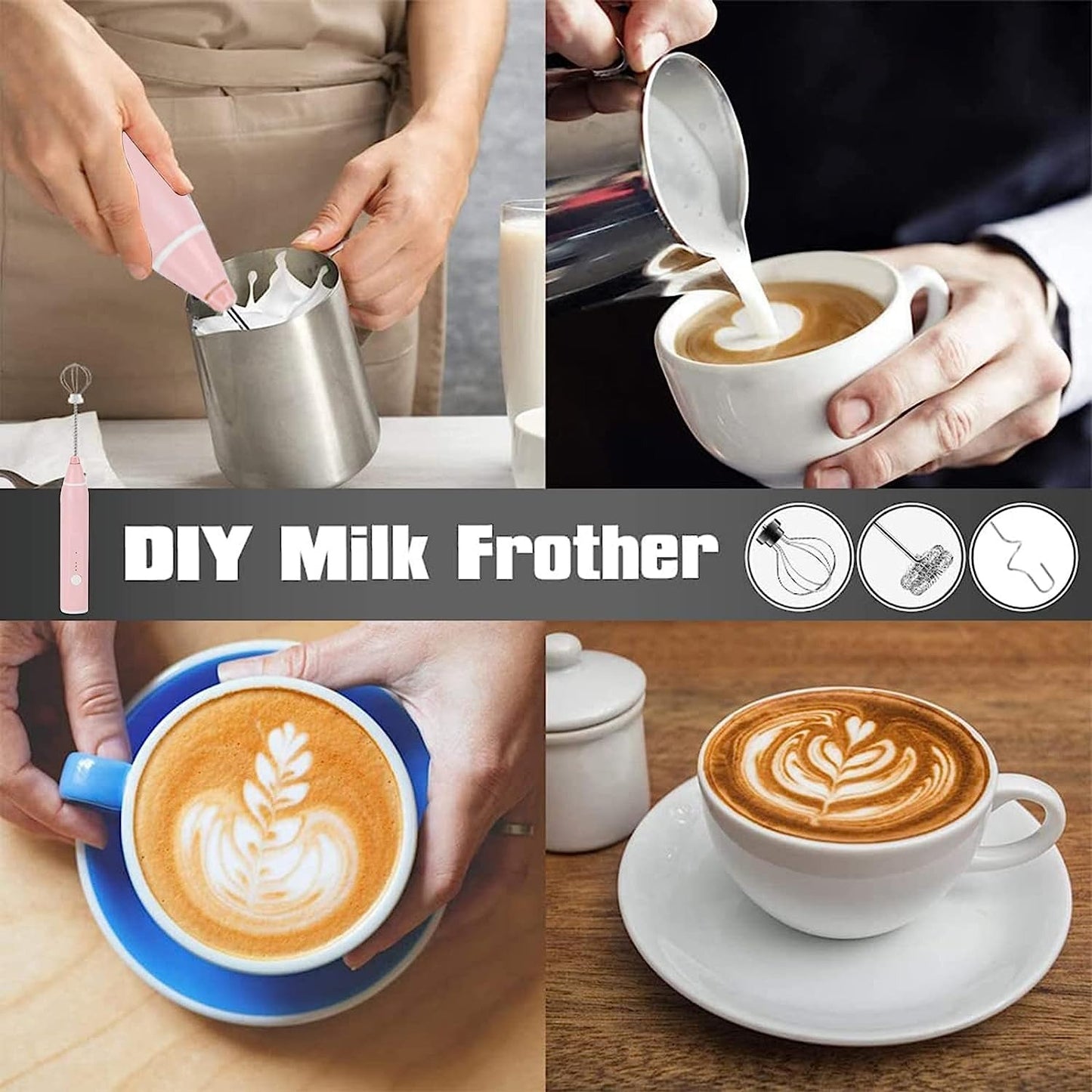 Milk Frother Handheld USB Rechargeable Foam Maker with 2 Stainless Steel Whisks – 3-Speed Electric Blender for Coffee & Lattes