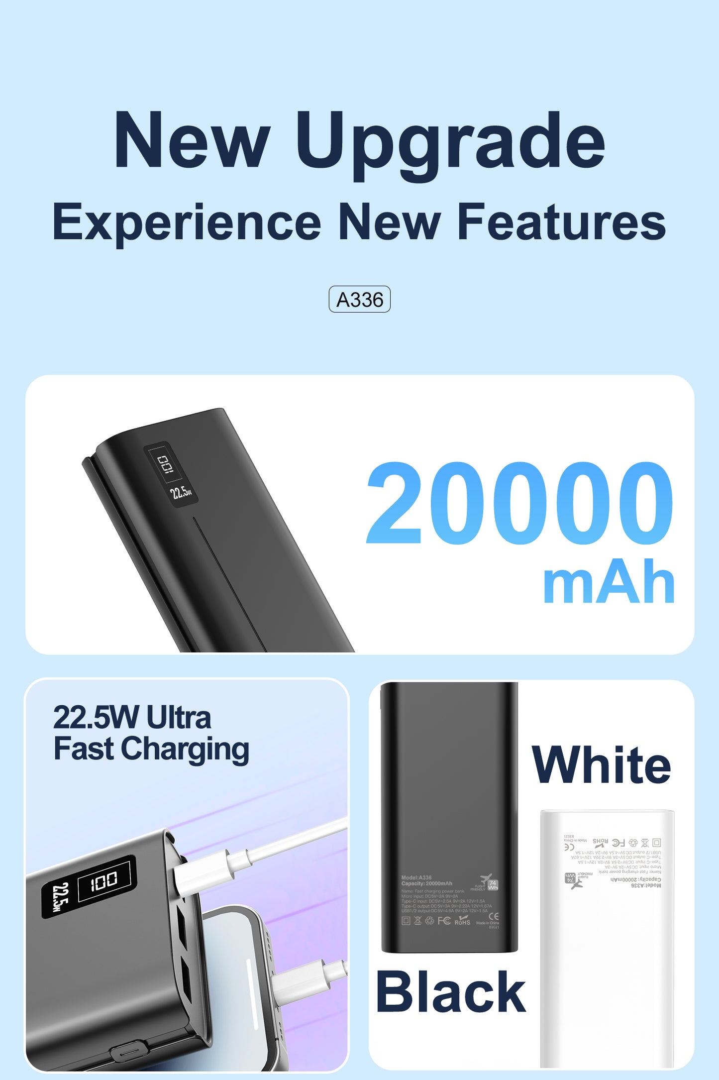 Aspor A336 20000mAh 22.5W PD + QC3.0 Fast Charging Power Bank LCD Display