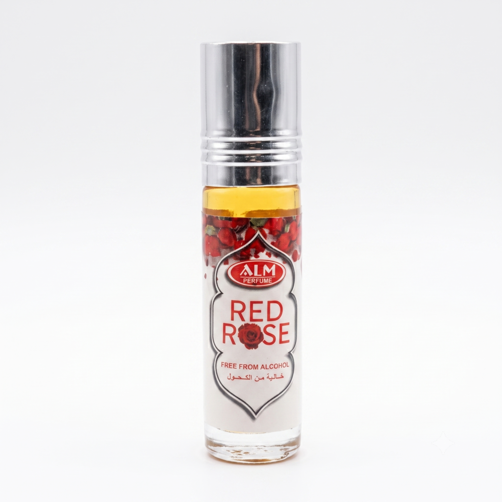 A clear cylindrical roller bottle of AIM Cosmetics Red Rose fragrance oil with a silver cap, showing red rose petals and amber liquid inside, on a white background.
