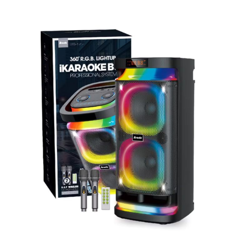 Brodu BTS-1990 Double 8 Inch Portable Bluetooth Speaker with Wireless Mic and Rechargeable Battery