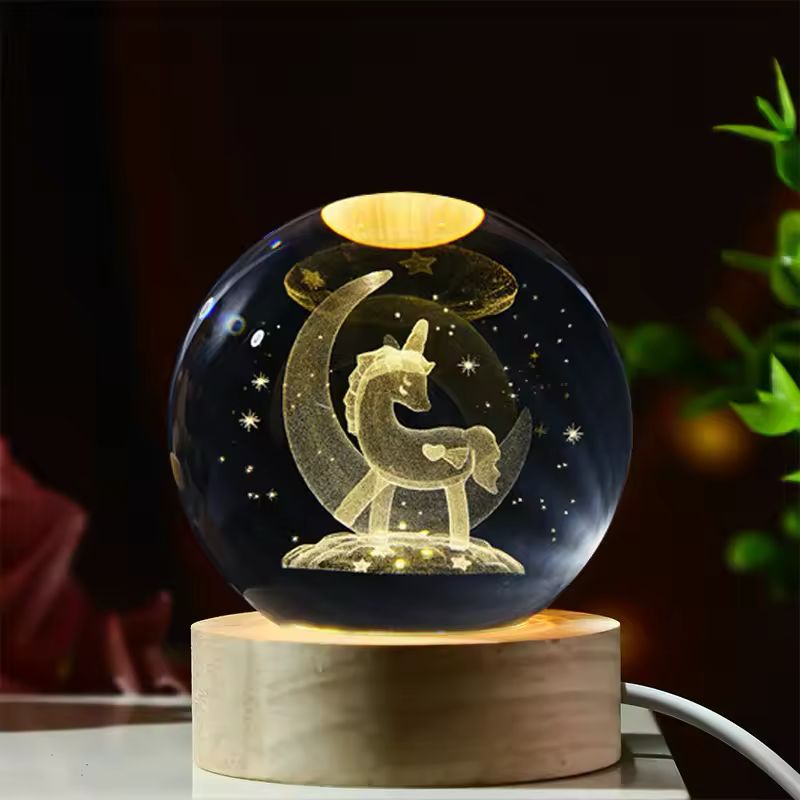 Mini 3D Crystal Ball LED Night Lamp | Small Decorative Light with Engraved Design for Bedroom or Gifts