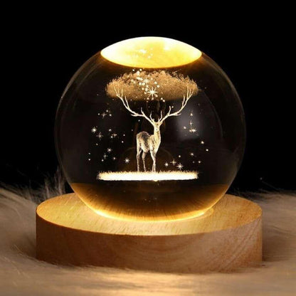 3D Crystal Ball Glass LED Night Lamp | 8cm Decorative Light with 3D Engraved Art for Bedroom or Desk