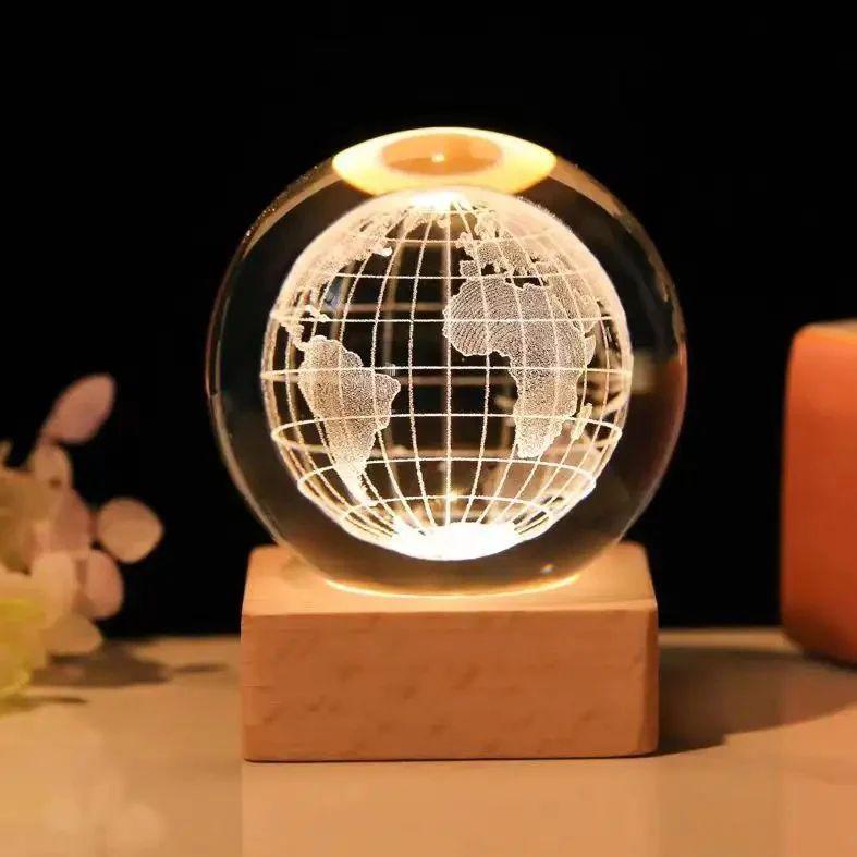 3D Crystal Ball Glass LED Night Lamp | 8cm Decorative Light with 3D Engraved Art for Bedroom or Desk