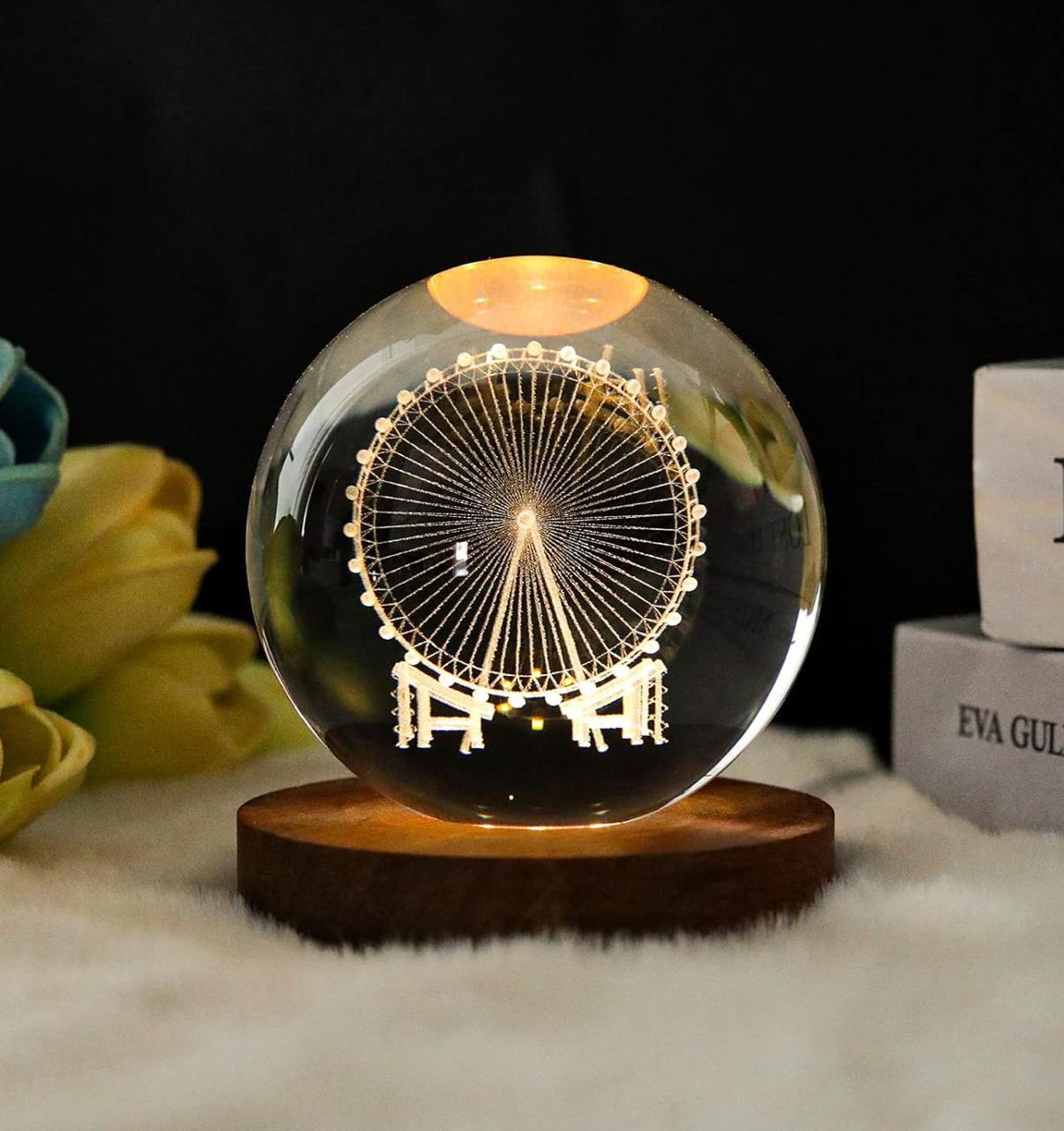 3D Crystal Ball Glass LED Night Lamp | 8cm Decorative Light with 3D Engraved Art for Bedroom or Desk