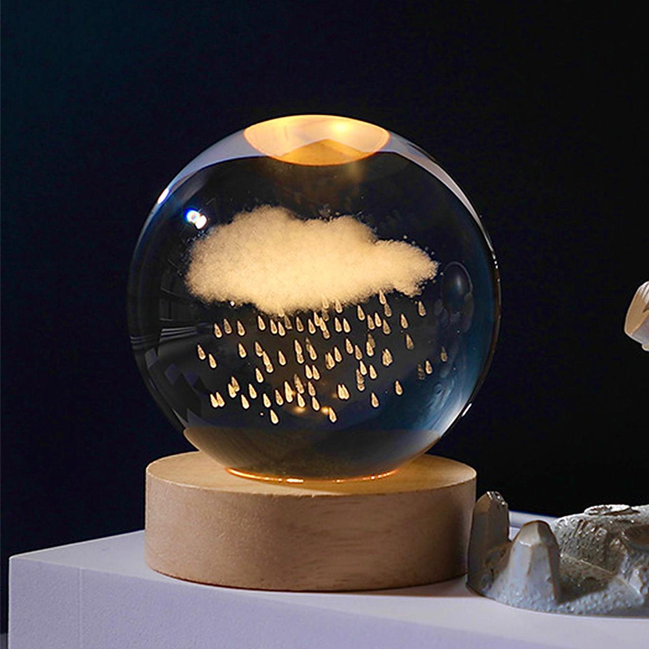 3D Crystal Ball Glass LED Night Lamp | 8cm Decorative Light with 3D Engraved Art for Bedroom or Desk