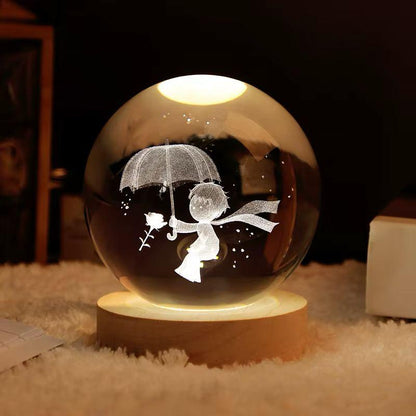 3D Crystal Ball Glass LED Night Lamp | 8cm Decorative Light with 3D Engraved Art for Bedroom or Desk
