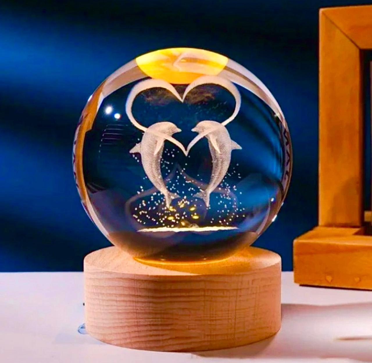 3D Crystal Ball Glass LED Night Lamp | 8cm Decorative Light with 3D Engraved Art for Bedroom or Desk