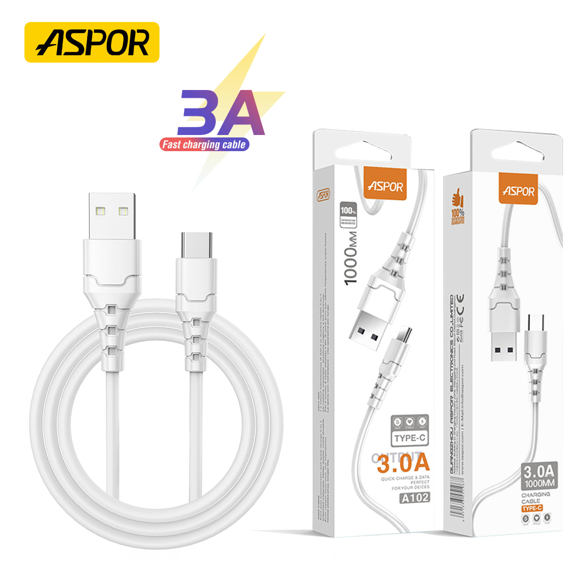 ASPOR A100 3-in-1 Fast Charging Cable – USB to Type-C, Micro USB, and Lightning (3A, 1 Meter, White)

