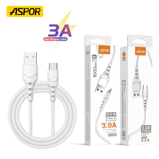 ASPOR A100 3-in-1 Fast Charging Cable – USB to Type-C, Micro USB, and Lightning (3A, 1 Meter, White)

