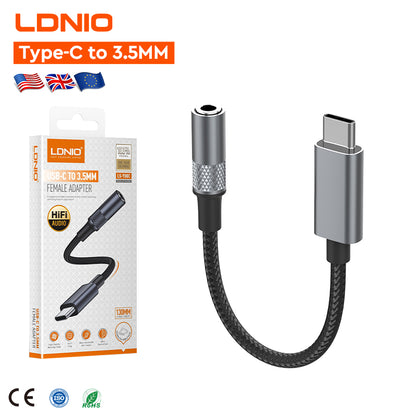 Type-C to 3.5MM adapter with packaging and LDNIO branding on a white background