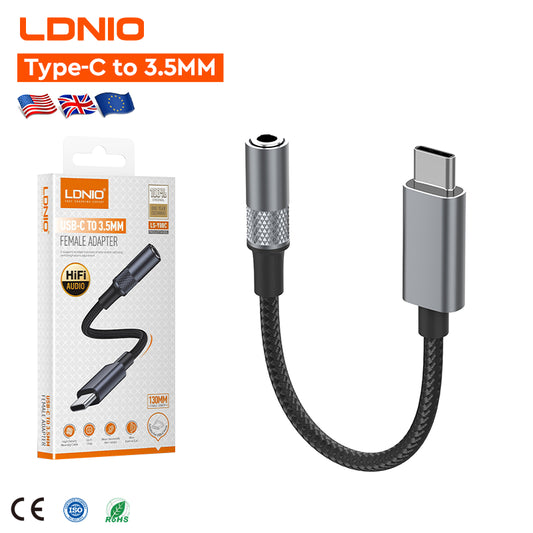Type-C to 3.5MM adapter with packaging and LDNIO branding on a white background