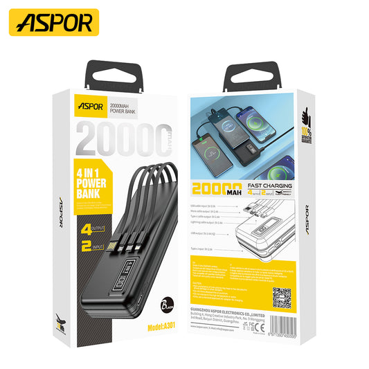 Aspor A301 20000mAh Power Bank with Built-in 4 Cables LED Digital Display