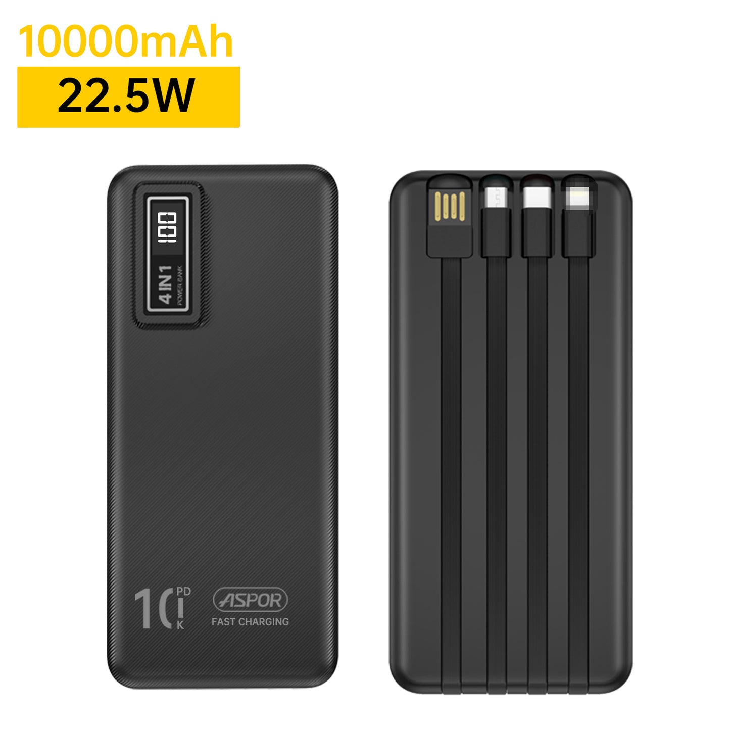 Aspor A300 PD 22.5W Portable 10000mAh Power Bank Charger 4 In 1 Built-in Cables Fast Charging Power Bank for Phone
