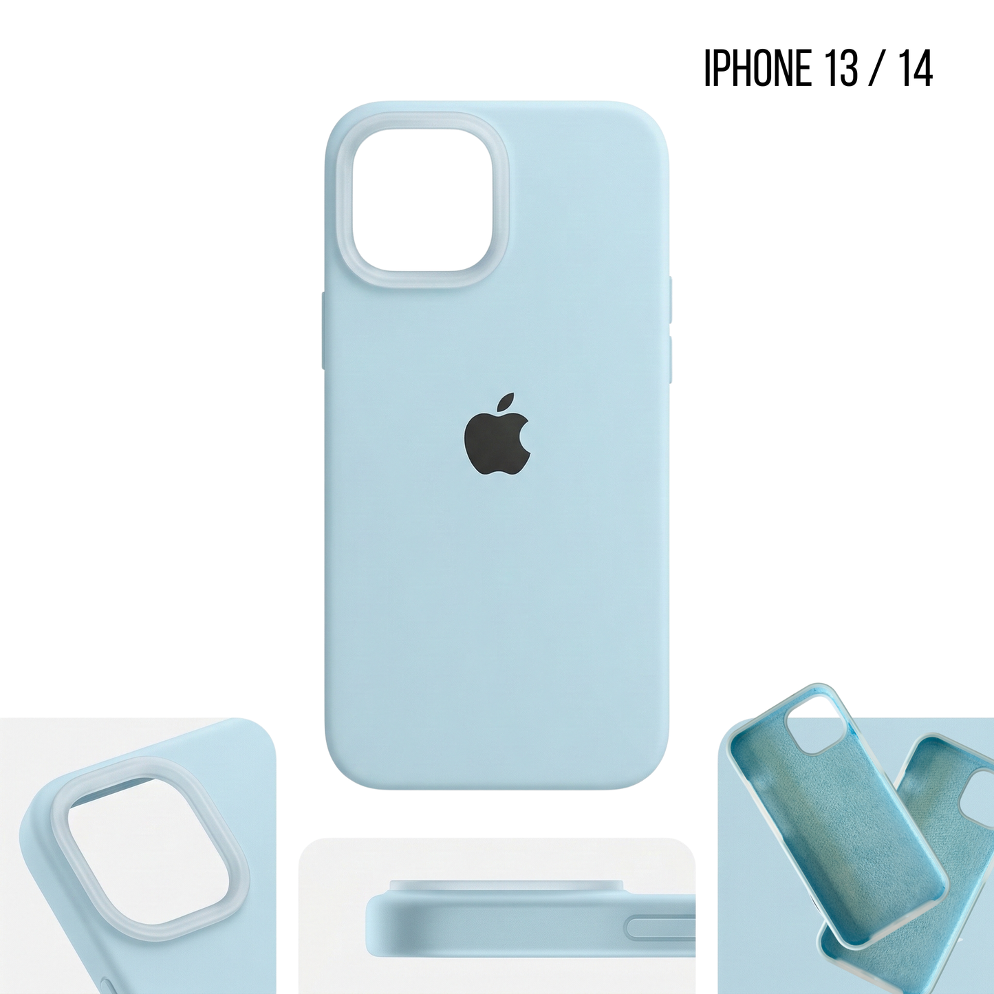 Light blue phone case with Apple logo for iPhone 13/14 on a white background