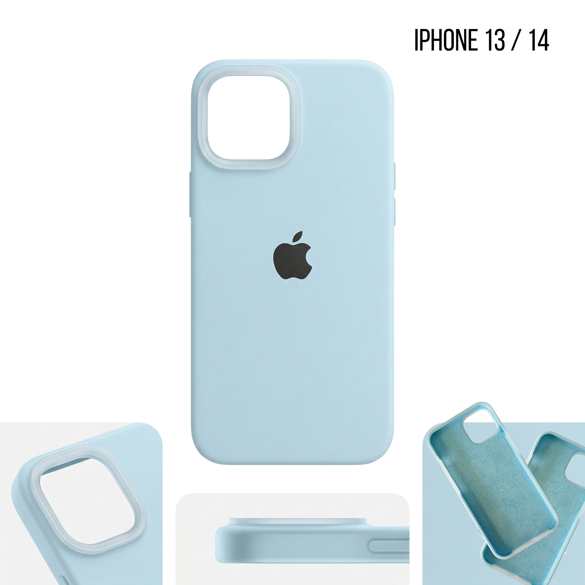 Light blue phone case with Apple logo for iPhone 13/14 on a white background