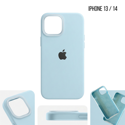Light blue phone case with Apple logo for iPhone 13/14 on a white background