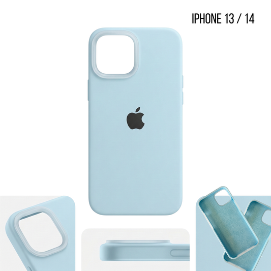 Light blue phone case with Apple logo for iPhone 13/14 on a white background