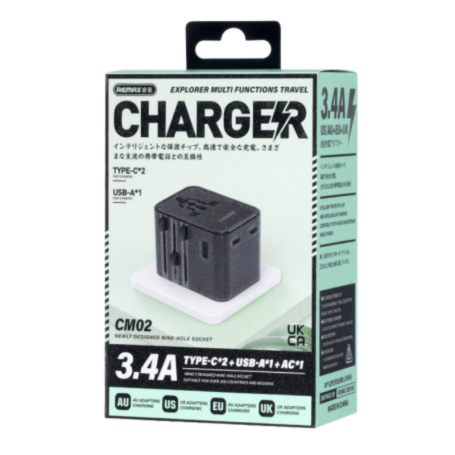Remax CM02 Universal Travel Adapter & Fast Charger 3.4A, Dual Type-C, USB-A, All-in-One Plug (US/EU/UK/AU)