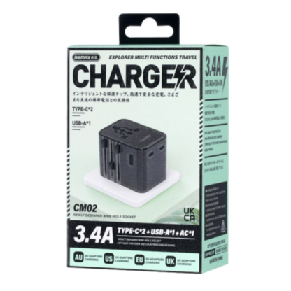 Remax CM02 Universal Travel Adapter & Fast Charger 3.4A, Dual Type-C, USB-A, All-in-One Plug (US/EU/UK/AU)