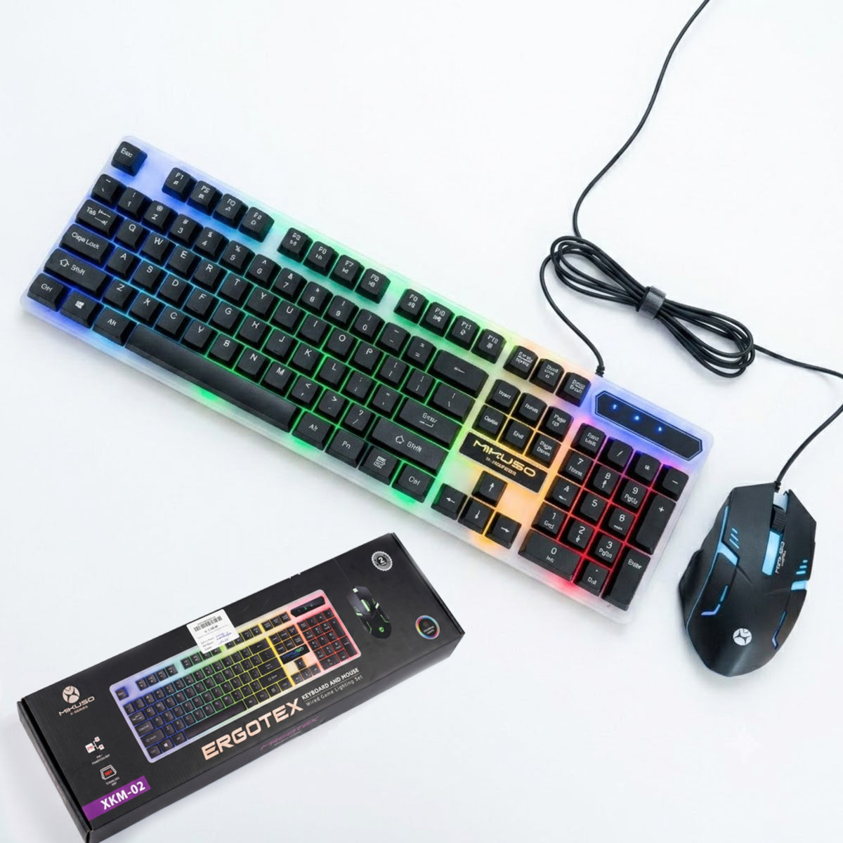 Gaming keyboard with RGB backlighting and mouse on a white background, featuring the brand 'ERSOTEX'.