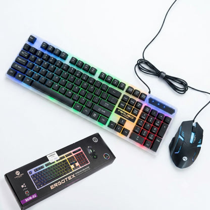 Gaming keyboard with RGB backlighting and mouse on a white background, featuring the brand 'ERSOTEX'.