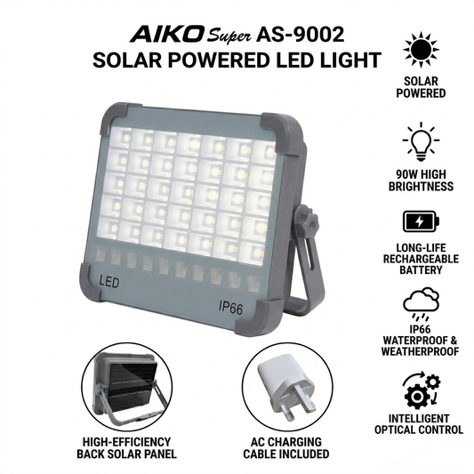 AIKO Super 90W Solar Charging LED Work Light Flasher 10000mAh Portable Rechargeable Floodlight with USB Power Bank, Type-C Charging, and Hanging Hook for Camping Garage and Emergencies Lamp Solar Flasher