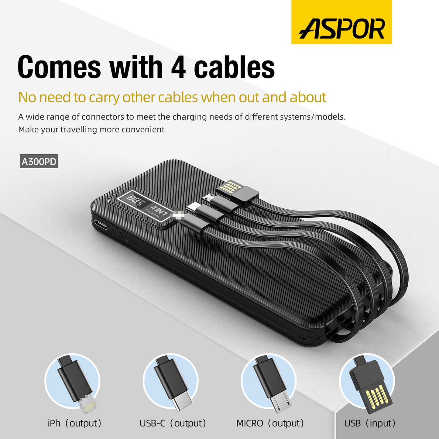 Aspor A300 PD 22.5W Portable 10000mAh Power Bank Charger 4 In 1 Built-in Cables Fast Charging Power Bank for Phone