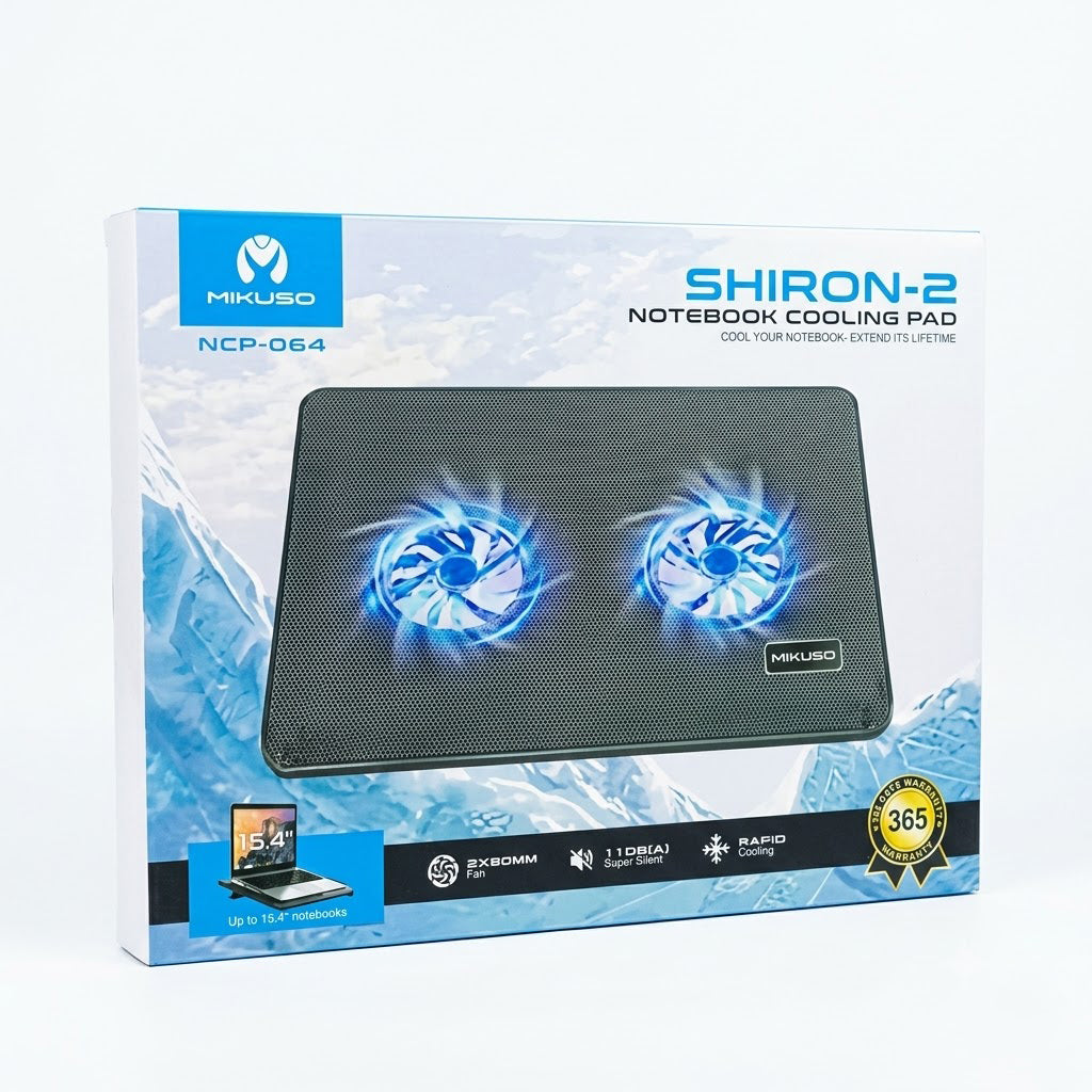 Mikuso Shiron-2 Dual Fan Laptop Cooling Pad (NCP-064) Blue LED Backlight Silent Operation, Mesh Surface Cooler for Notebooks Up to 15.4
