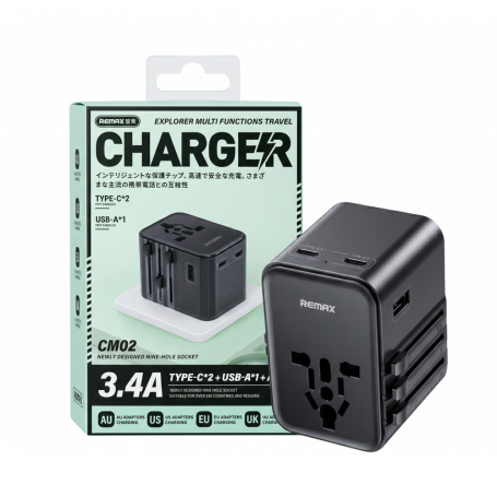 Remax CM02 Universal Travel Adapter & Fast Charger 3.4A, Dual Type-C, USB-A, All-in-One Plug (US/EU/UK/AU)
