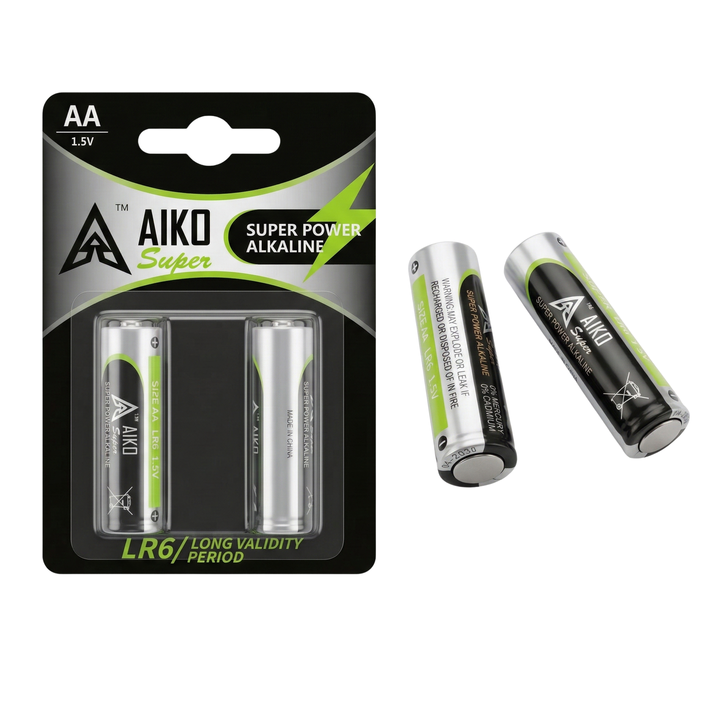 AA Alkaline 2Pcs Aiko Super 1.5V AA Alkaline LR6 Battery with Long Validity Period
