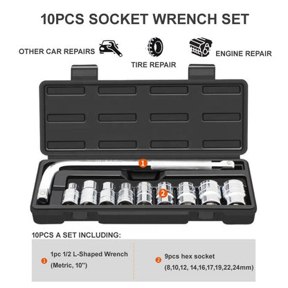 10pcs 1/2" Socket Wrench Set – Hexagon Combination Auto Maintenance Tool Kit with Screwdriver & Sockets