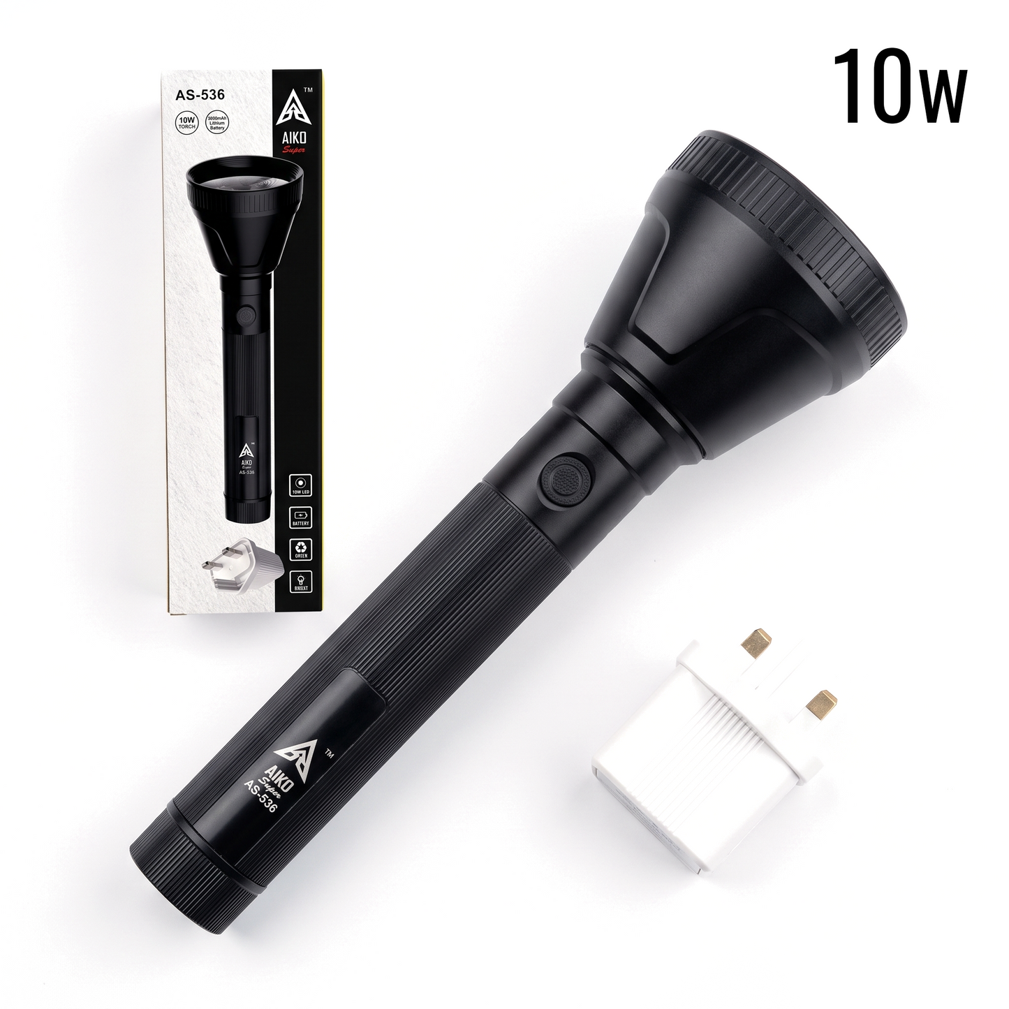 A black handheld flashlight shown diagonally on a white background, alongside its retail box and a small white power adapter. The flashlight has a textured grip, a ribbed head, and visible branding that reads A2S.