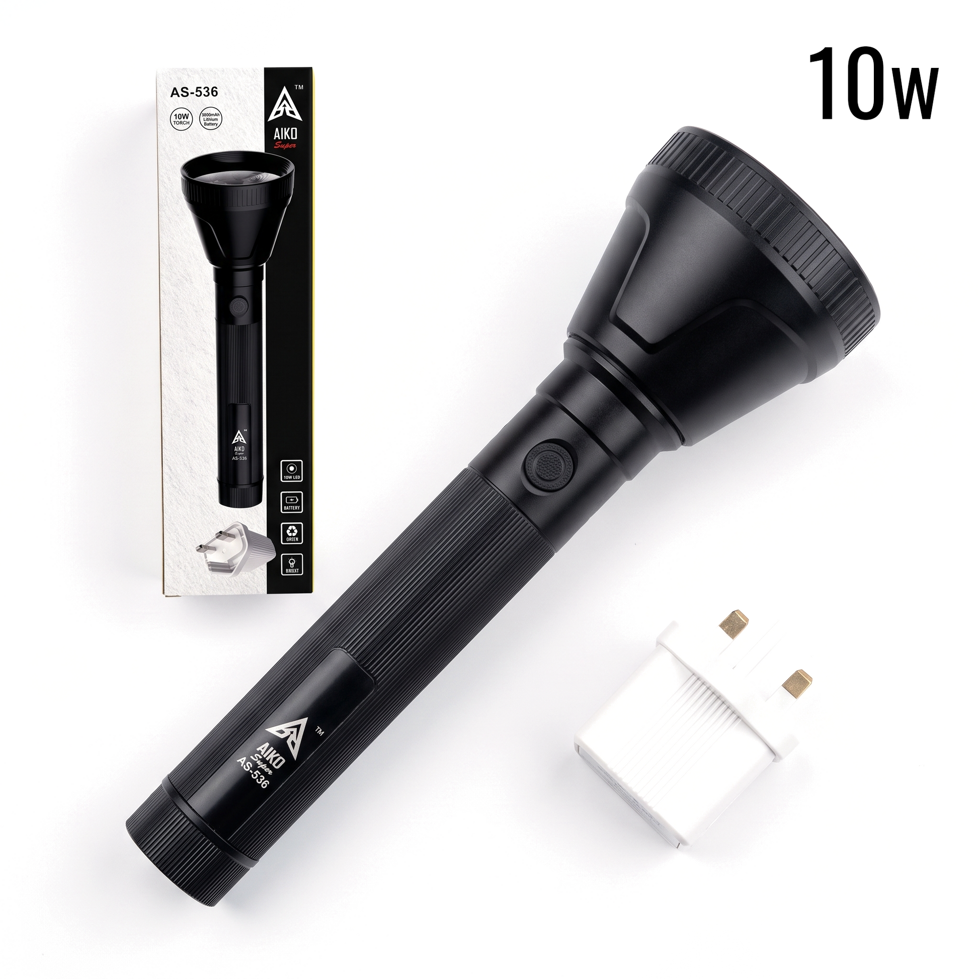 A black handheld flashlight shown diagonally on a white background, alongside its retail box and a small white power adapter. The flashlight has a textured grip, a ribbed head, and visible branding that reads A2S.