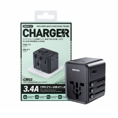 Remax CM02 Universal Travel Adapter & Fast Charger 3.4A, Dual Type-C, USB-A, All-in-One Plug (US/EU/UK/AU)