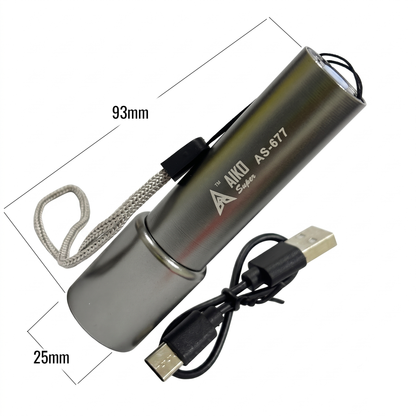 3W Aiko As 677 Steel Pocket Torch Portable COB LED Flashlight Metal USB Rechargeable Camping Lantern Zoomable Focus Torch Light Lamp Night Lights
