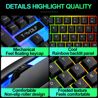 T Wolf TF 230 Gaming Keyboard Keyboard Mouse Combo Pack Clavier Souris Gaming 104keys LED Backlit 3D rainbow Combos for Laptop Pc