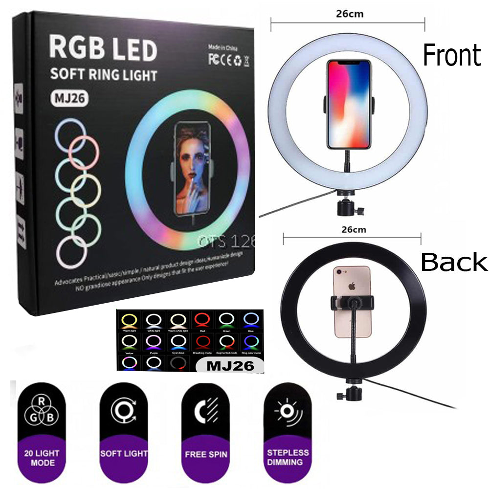 10Inch MJ26 RGB LED Soft Ring Light Phone Clip Colorful Photography LED for TikTok Vlogging Video YouTube Live