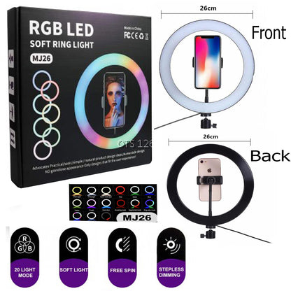 10Inch MJ26 RGB LED Soft Ring Light Phone Clip Colorful Photography LED for TikTok Vlogging Video YouTube Live