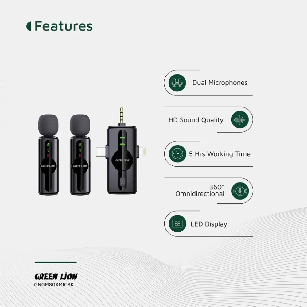 3 in 1 Green Lion GM-80X Microphone 3 in 1 Lightning Type C 3.5mm Mic with Noice Reduction Mic
