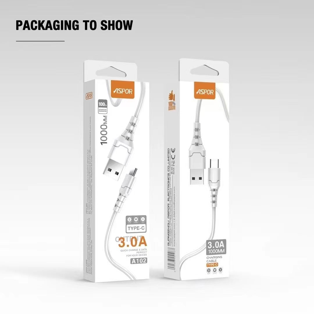 ASPOR A100 3-in-1 3A Fast Charging Cable – USB to Type-C, Micro USB & Lightning (1 Meter, White)