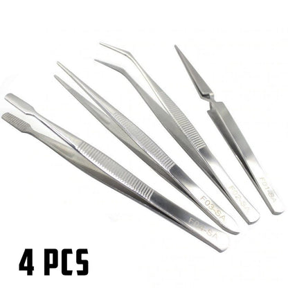 4Pcs Tweezer Set Stainless Steel Curved and Straight Precision Tools for Electronics and Nail Art