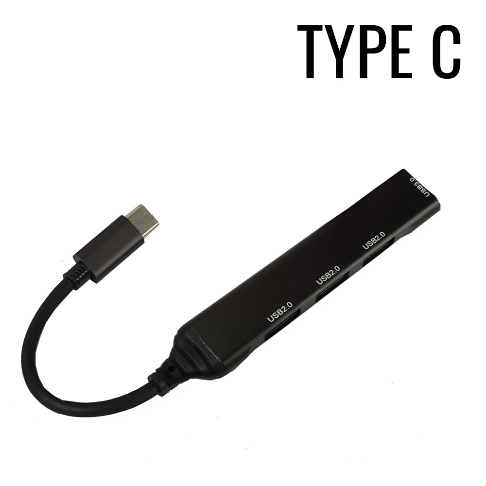 Mini USB 4-Port Hub – Type-C & Lightning OTG Adapter with USB 3.0/2.0 Extension for Laptop, PC, Mobile & Tablet