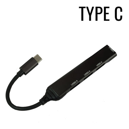 Mini USB 4-Port Hub – Type-C & Lightning OTG Adapter with USB 3.0/2.0 Extension for Laptop, PC, Mobile & Tablet