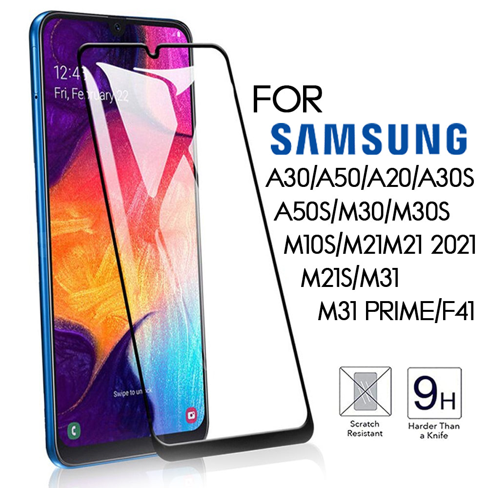 9D Full Tempered Glass for Samsung A30 A50 A20 A30S A50S M30 M31 M21 M21S M10S M31 Prime F41 – Edge-to-Edge Screen Protector