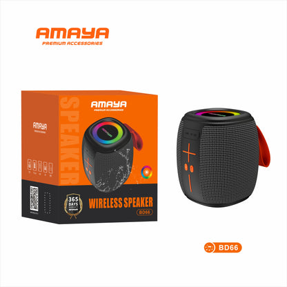 Amaya wireless speaker with packaging on a white background