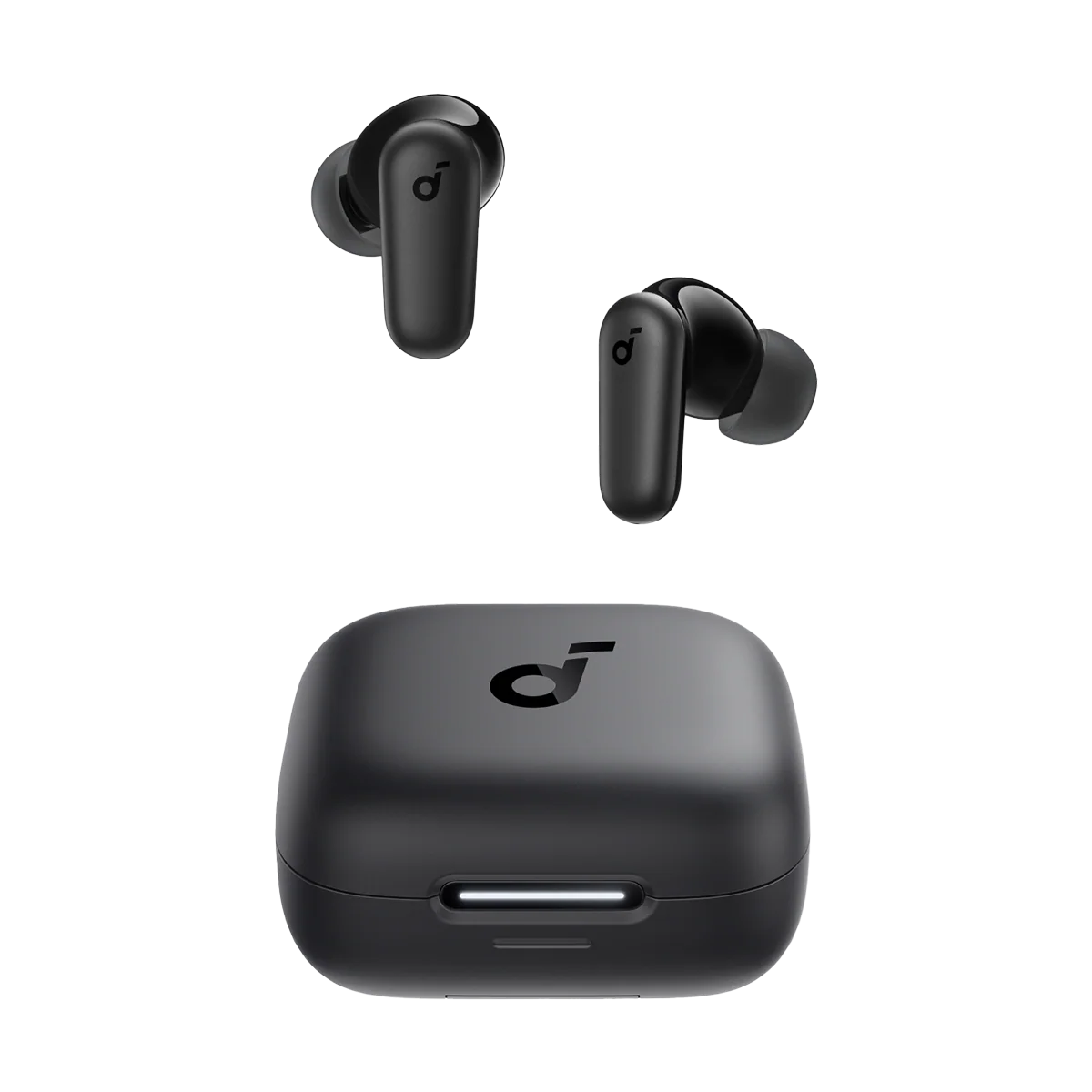 Black wireless earbuds with charging case on a white background