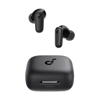 Black wireless earbuds with charging case on a white background
