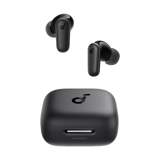 Black wireless earbuds with charging case on a white background